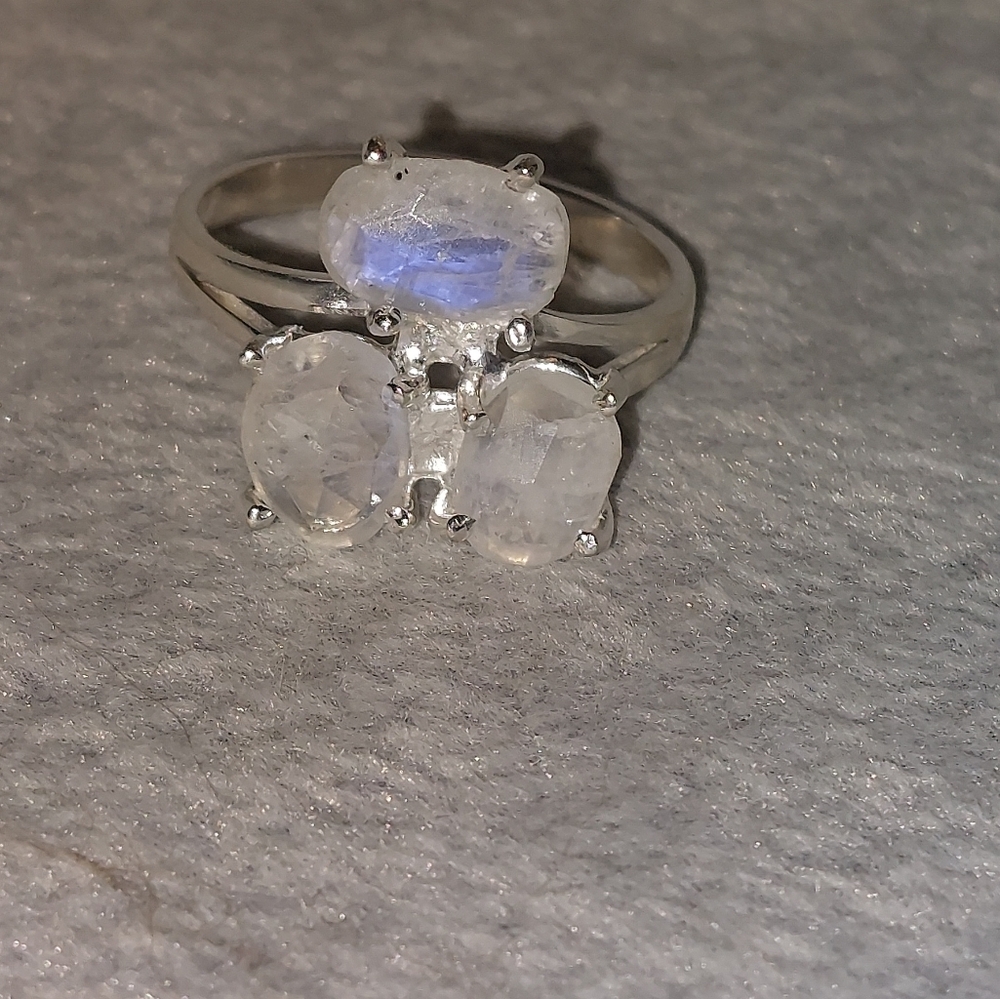 Raw Faceted Moonstone 3 Stone Ring Sterling Silver
